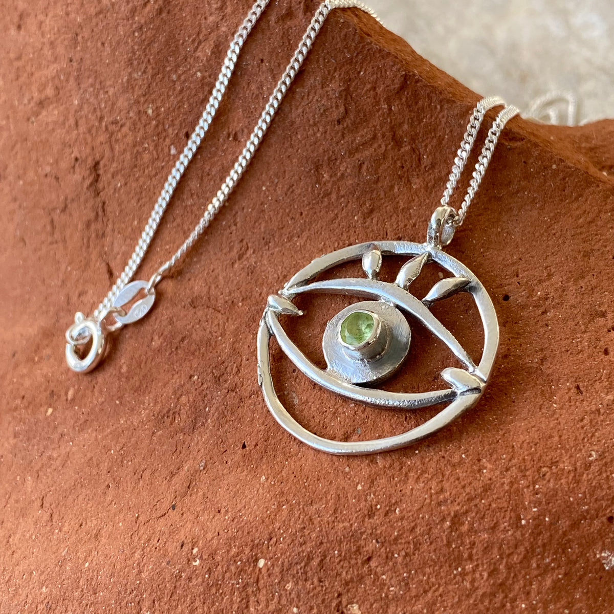 Evil eye necklace green gemstone handmade silver