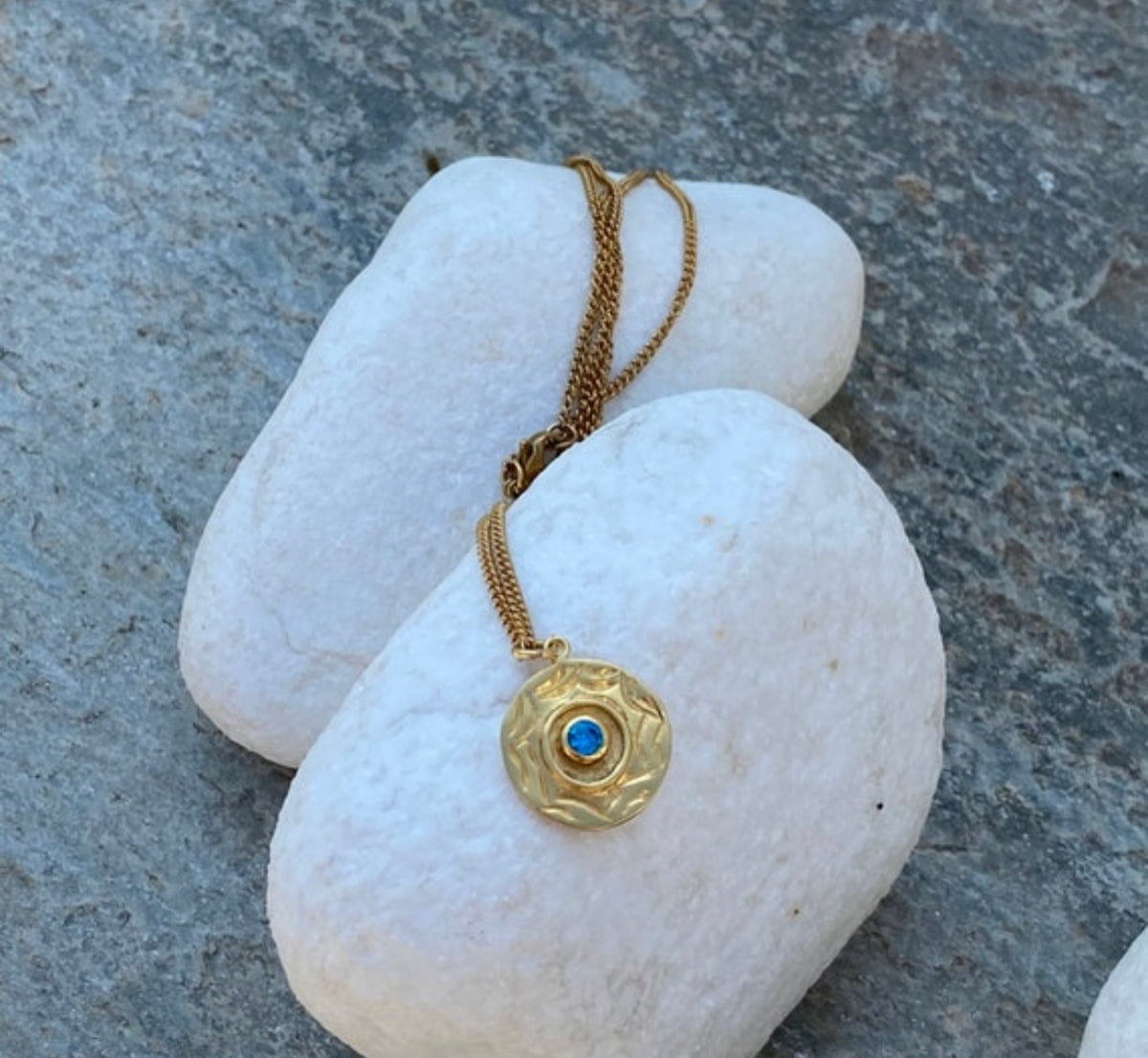 Evil eye necklace gold coin with blue gemstone