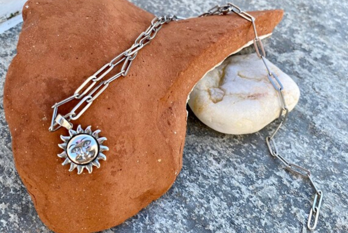 sun necklace silver with paperclip chain