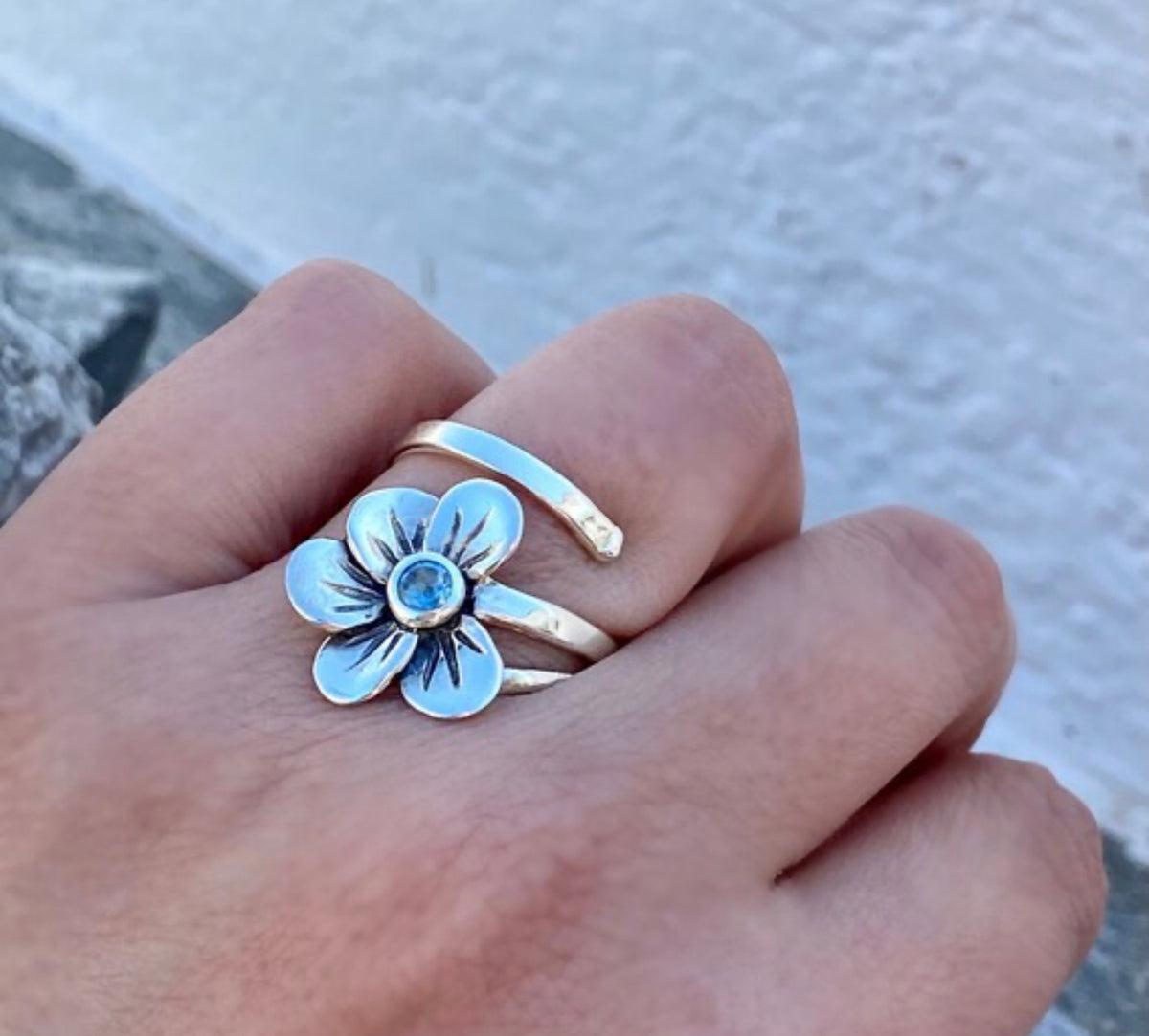 flower ring, silver flower ring, topaz ring