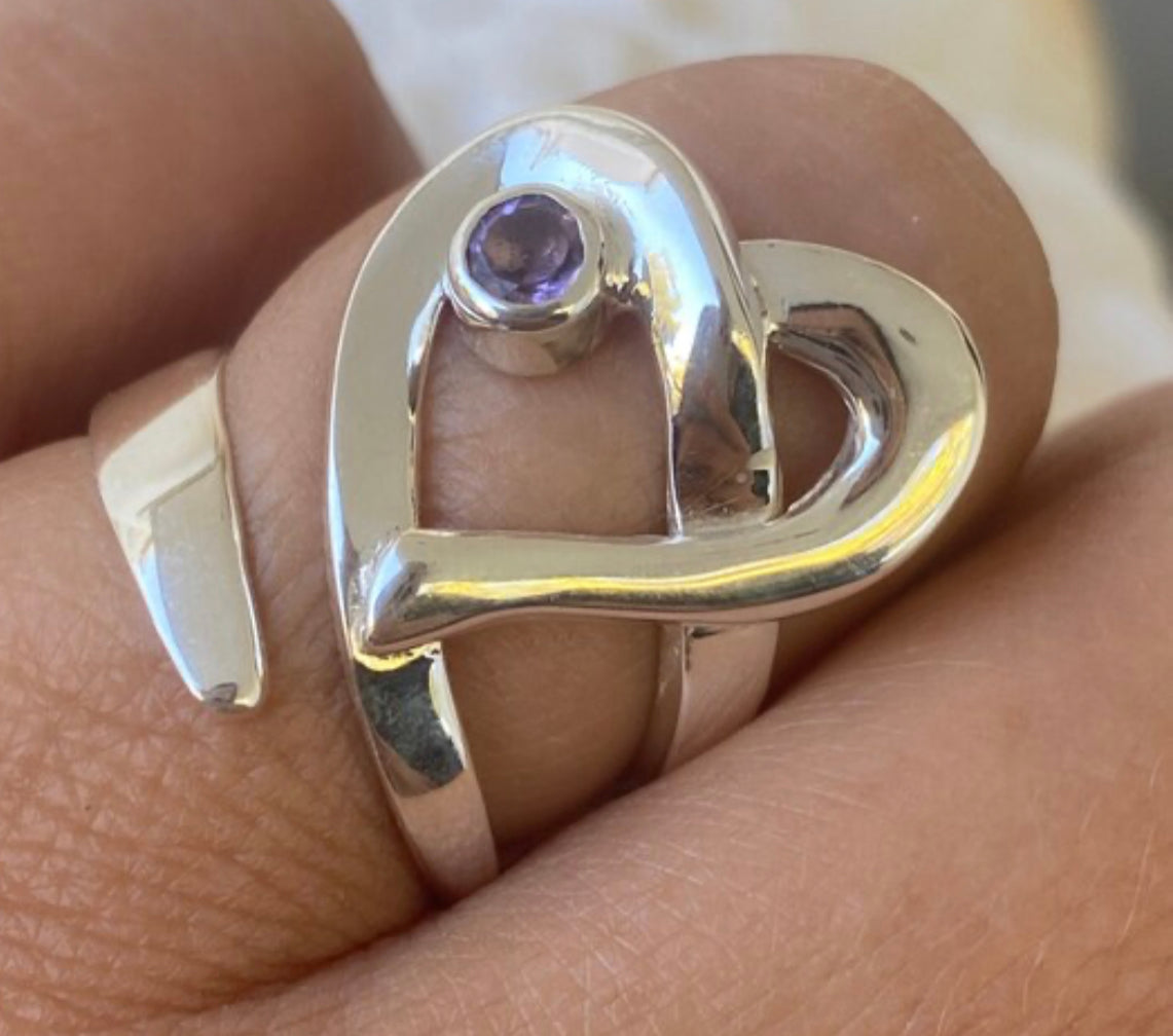 Heart ring silver adjustable with amethyst gemstone