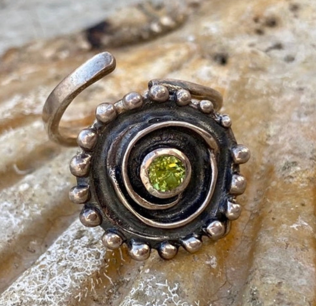 peridot silver statement ring, swirl handmade ring