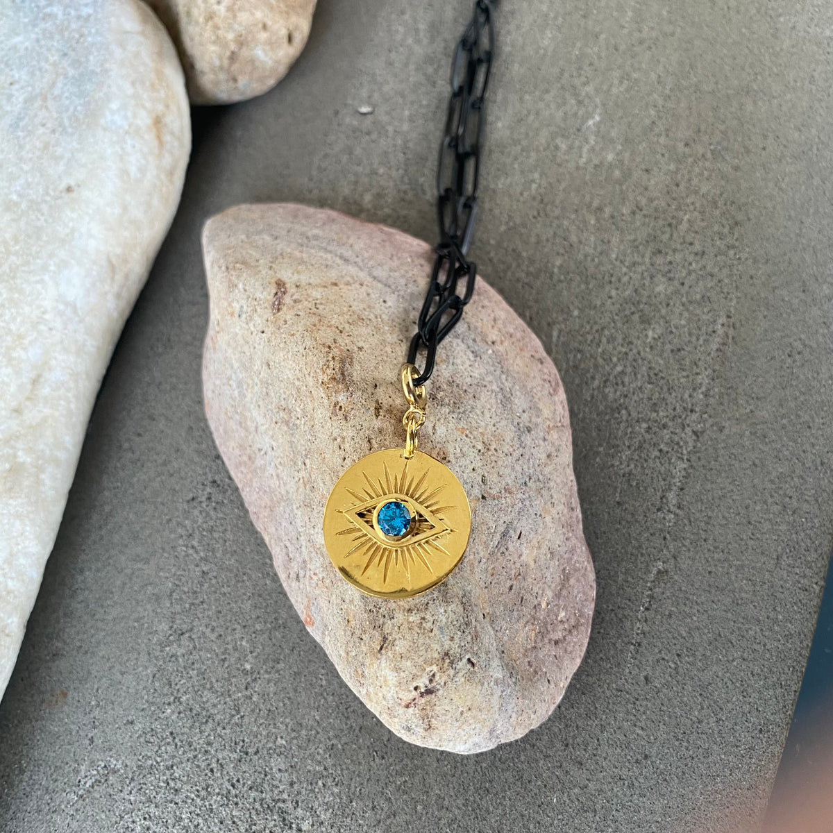 Evil eye necklace gold with black stainless steel paperclip chain