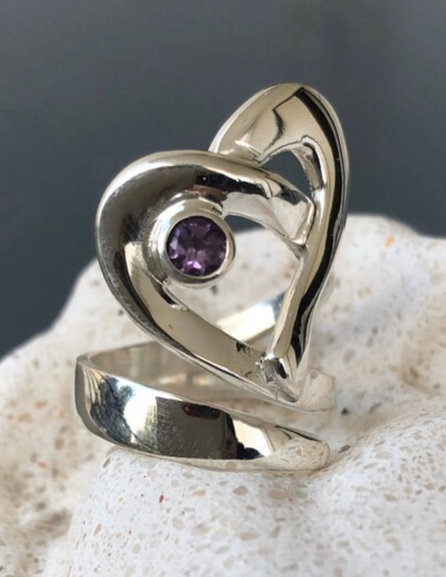 Heart ring silver adjustable with amethyst gemstone