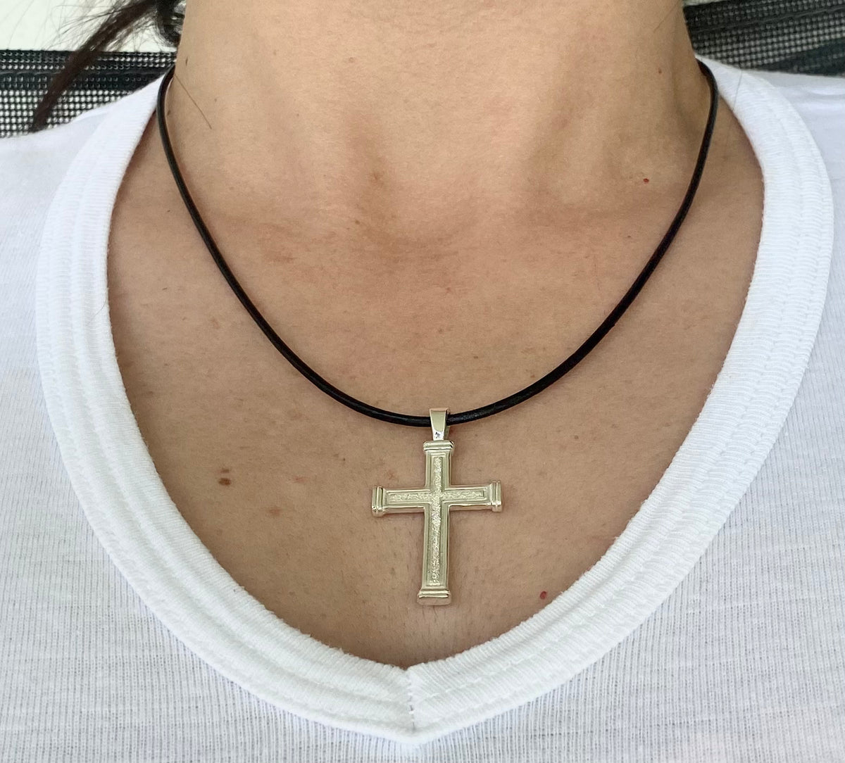 Men&#39;s cross necklace with leather cord, sterling silver cross