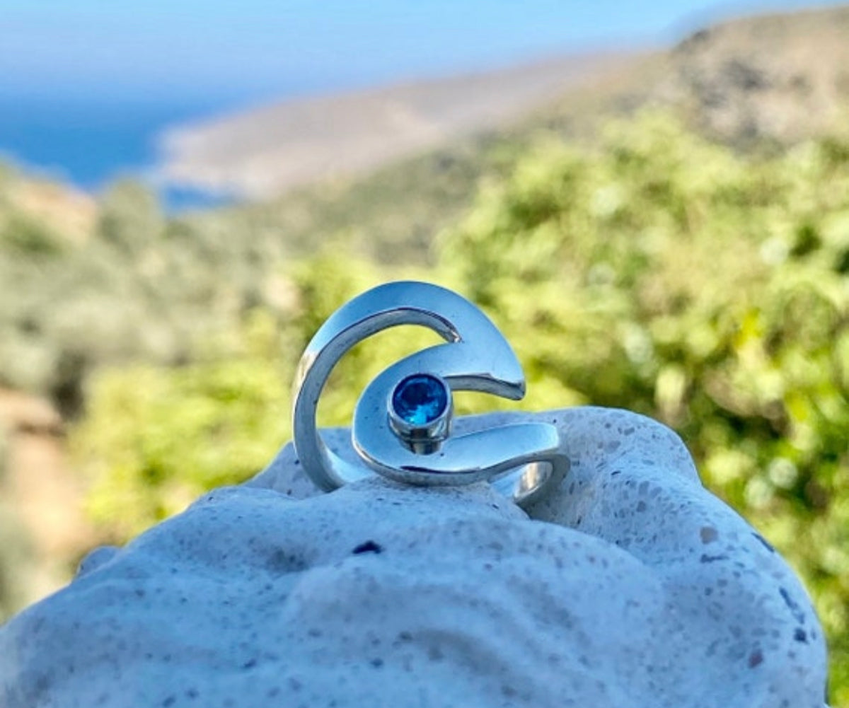 Ocean wave ring silver adjustable with blue gemstone