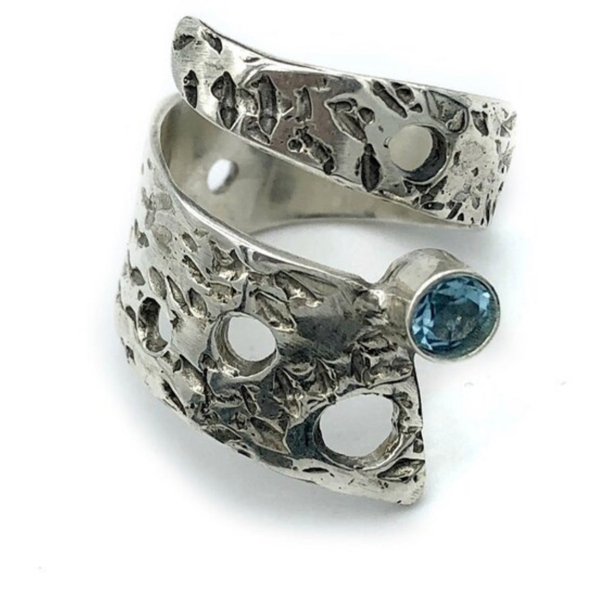 wide silver ring adjustable blue topaz