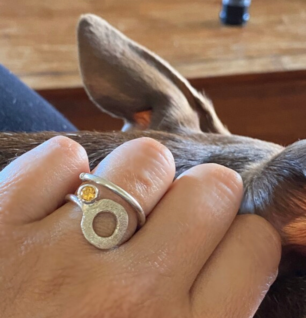 circle ring silver handmade open ring with a citrine gemstone