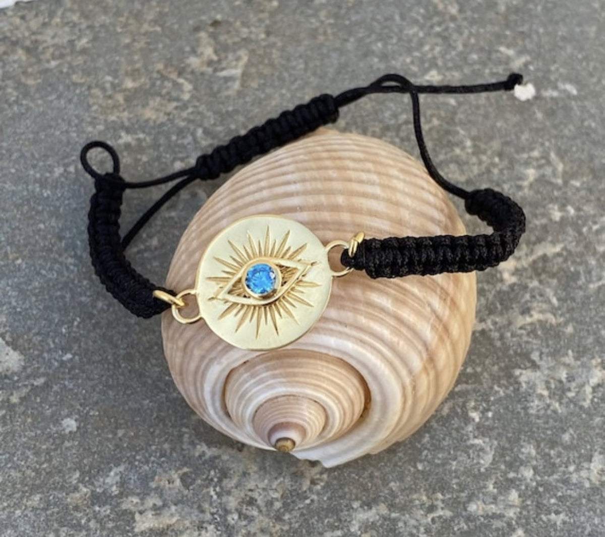  greek Evil eye bracelet gold with a blue gem, black macrame