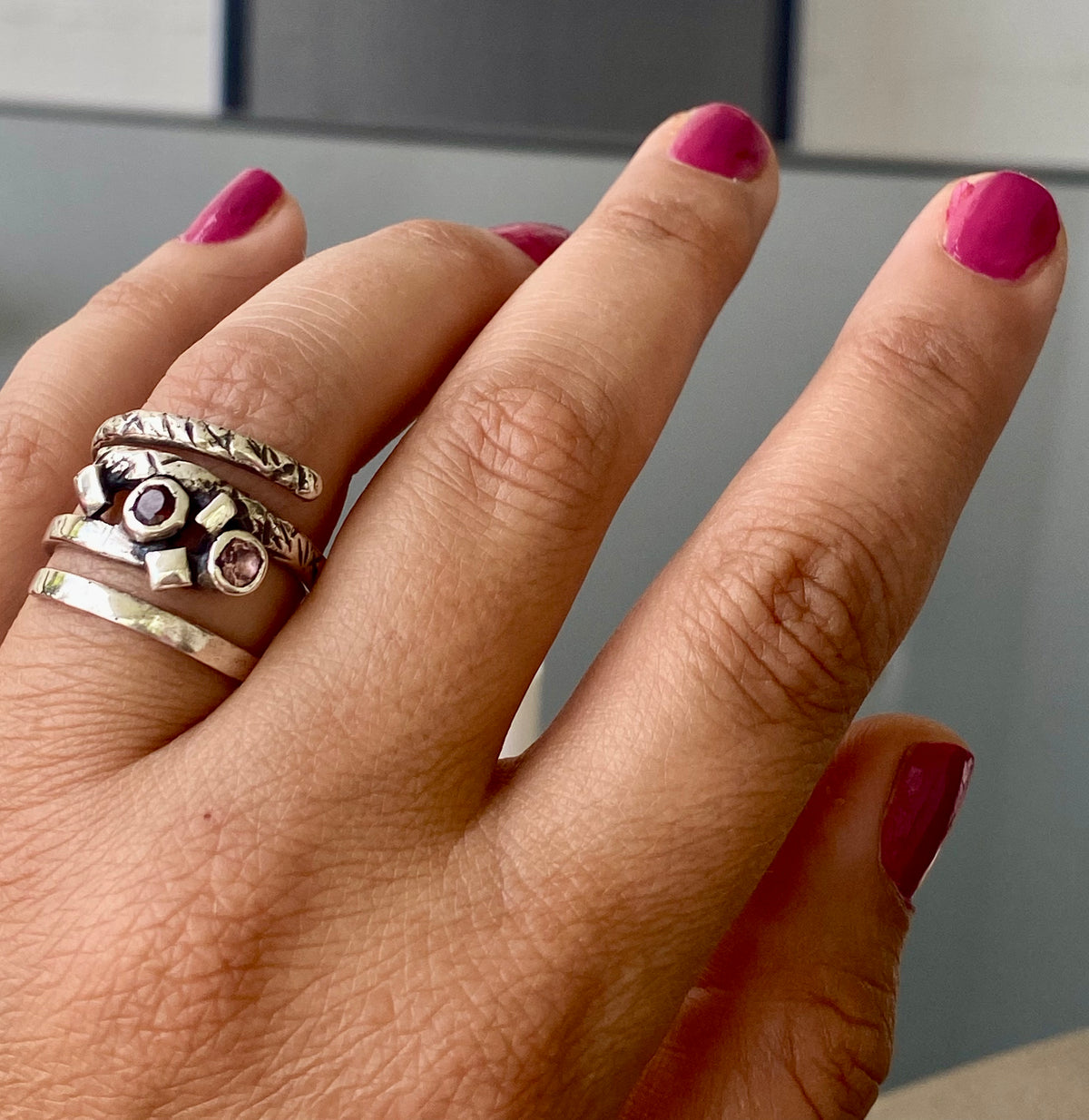 Silver spiral ring adjustable red garnet and pink tourmaline