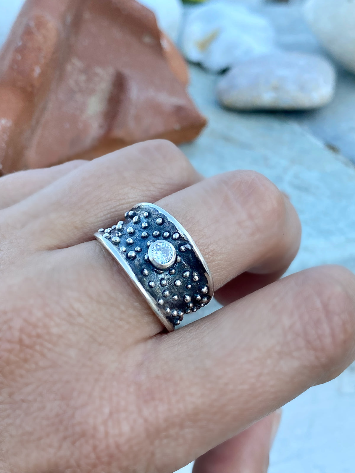 starry night black and silver ring with zircon