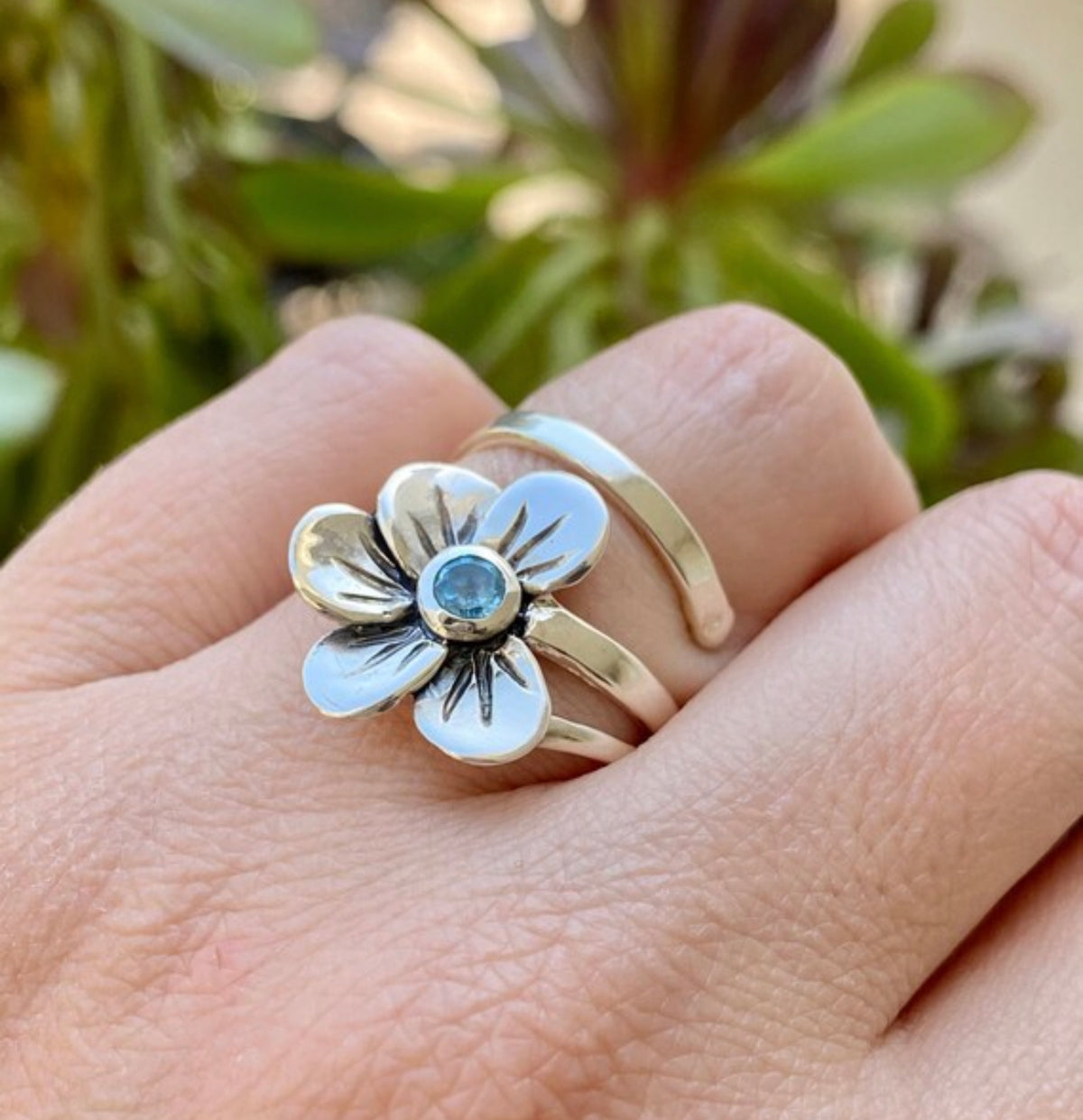 flower ring, silver flower ring, topaz ring