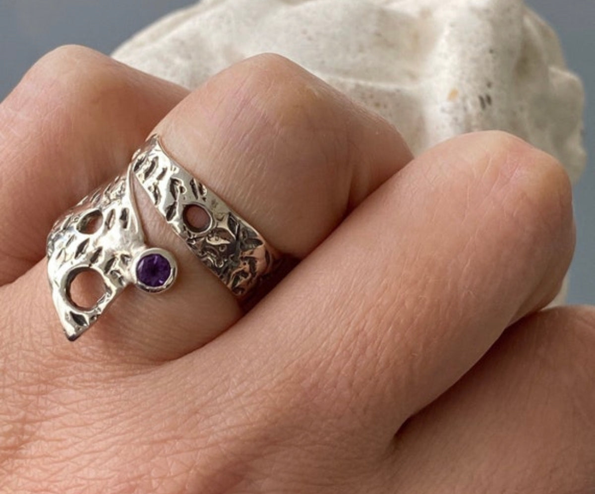 wide silver ring amethyst ring