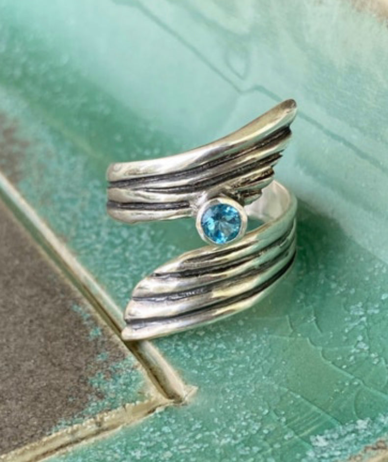 large blue topaz silver wrap ring handmade wing ring