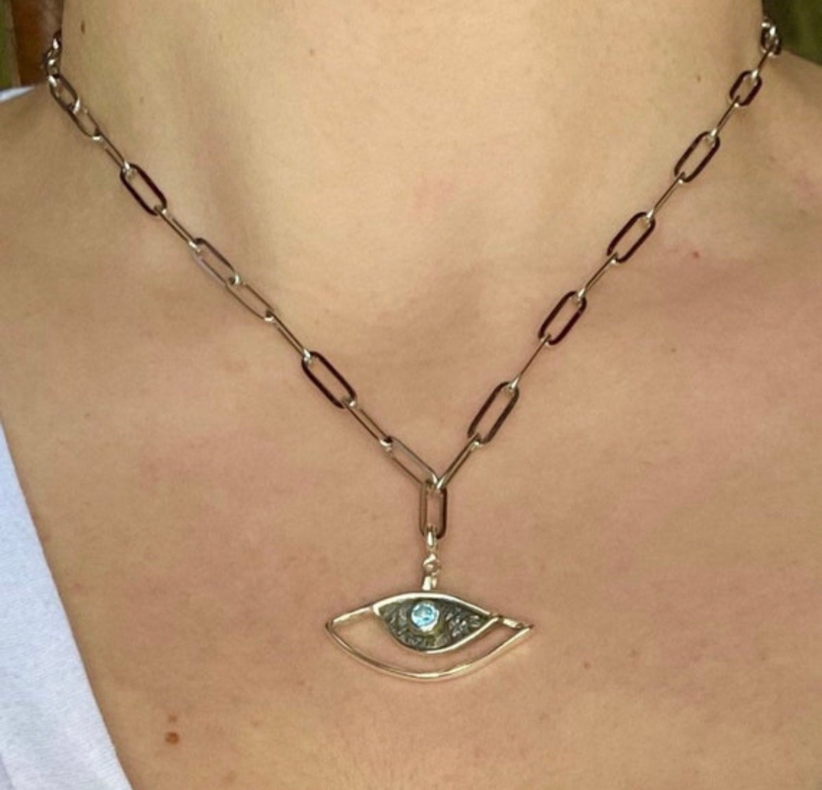paper clip chain with evil eye necklace