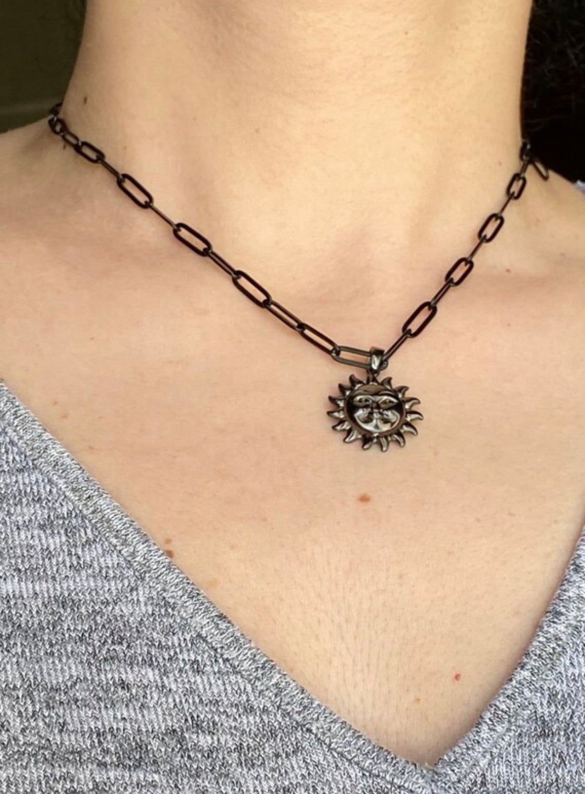 black sun necklace silver smiling sun with paperclip chain