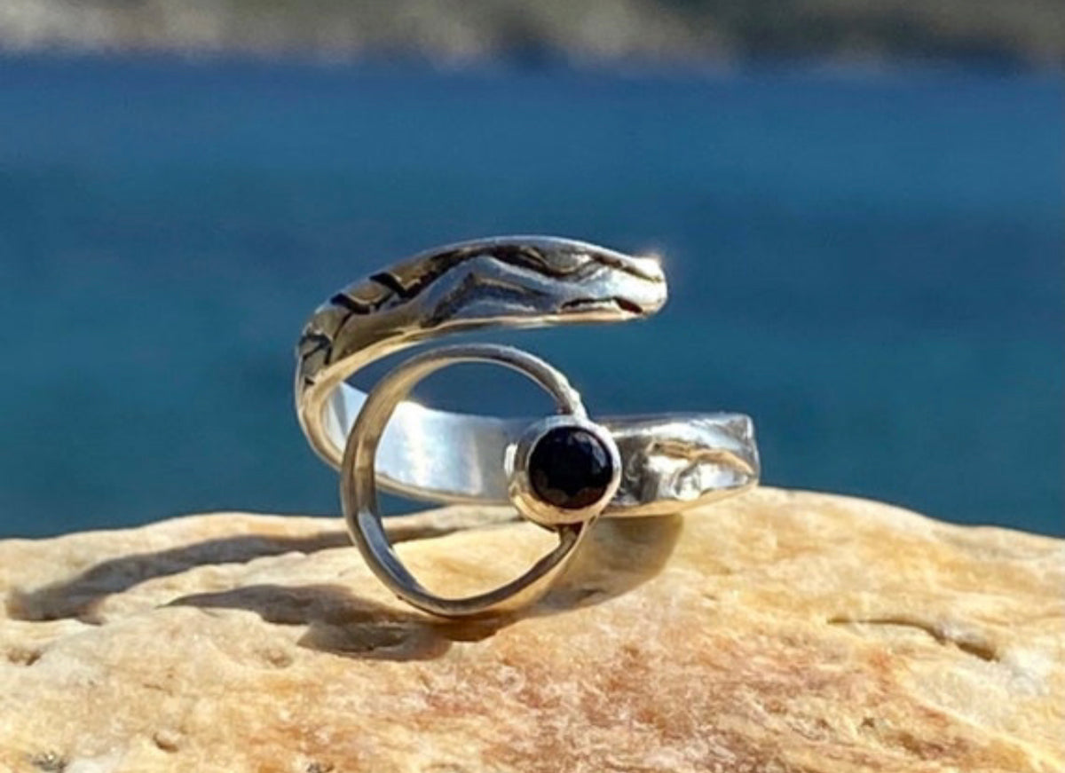 black gemstone ring silver tribal ring circle