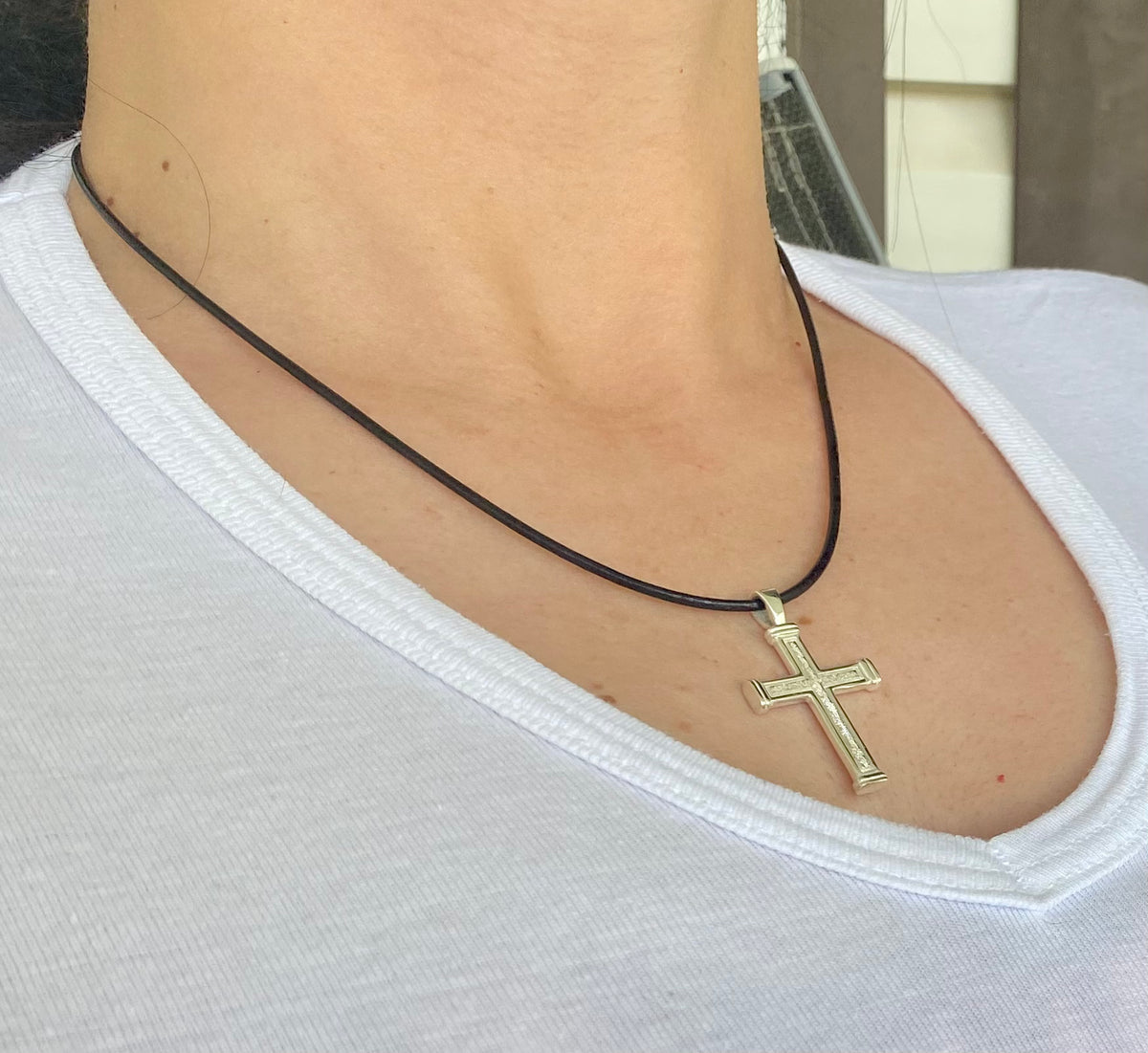 Men&#39;s cross necklace with leather cord, sterling silver cross