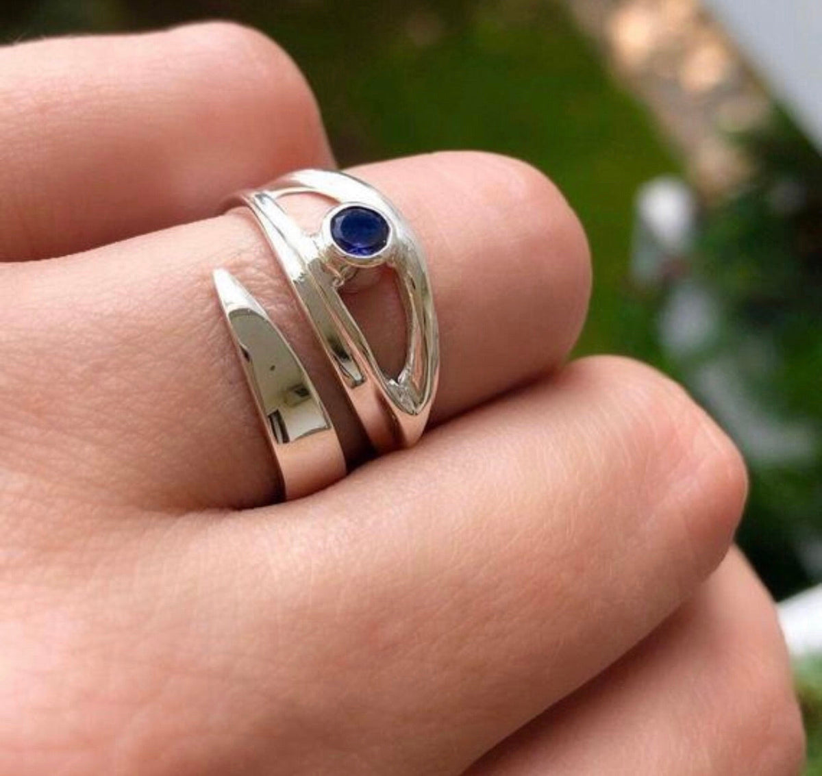 evil eye ring with iolite gemstone adjustable silver ring