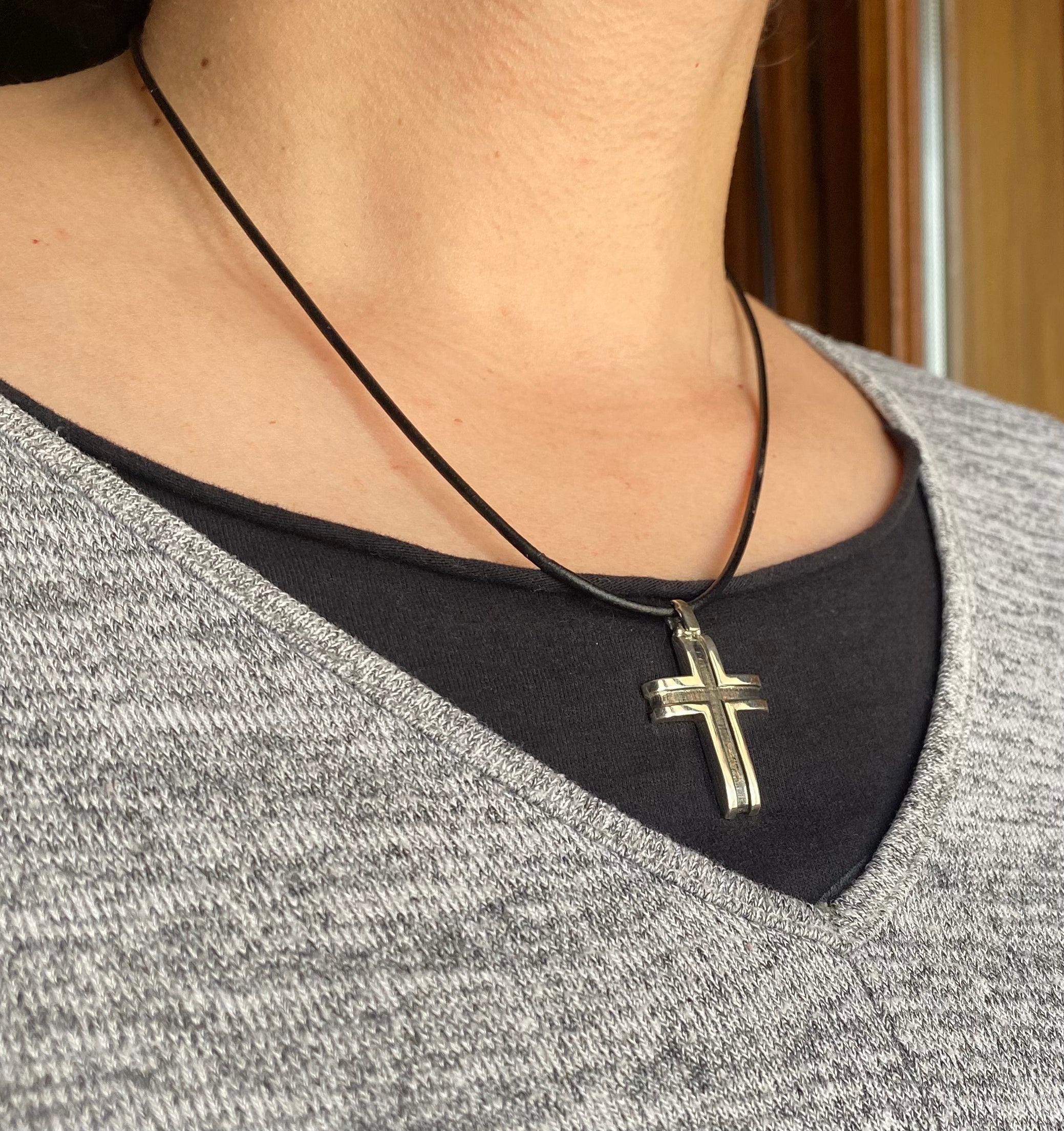 Stainless Steel Small Cross Necklace Black String
