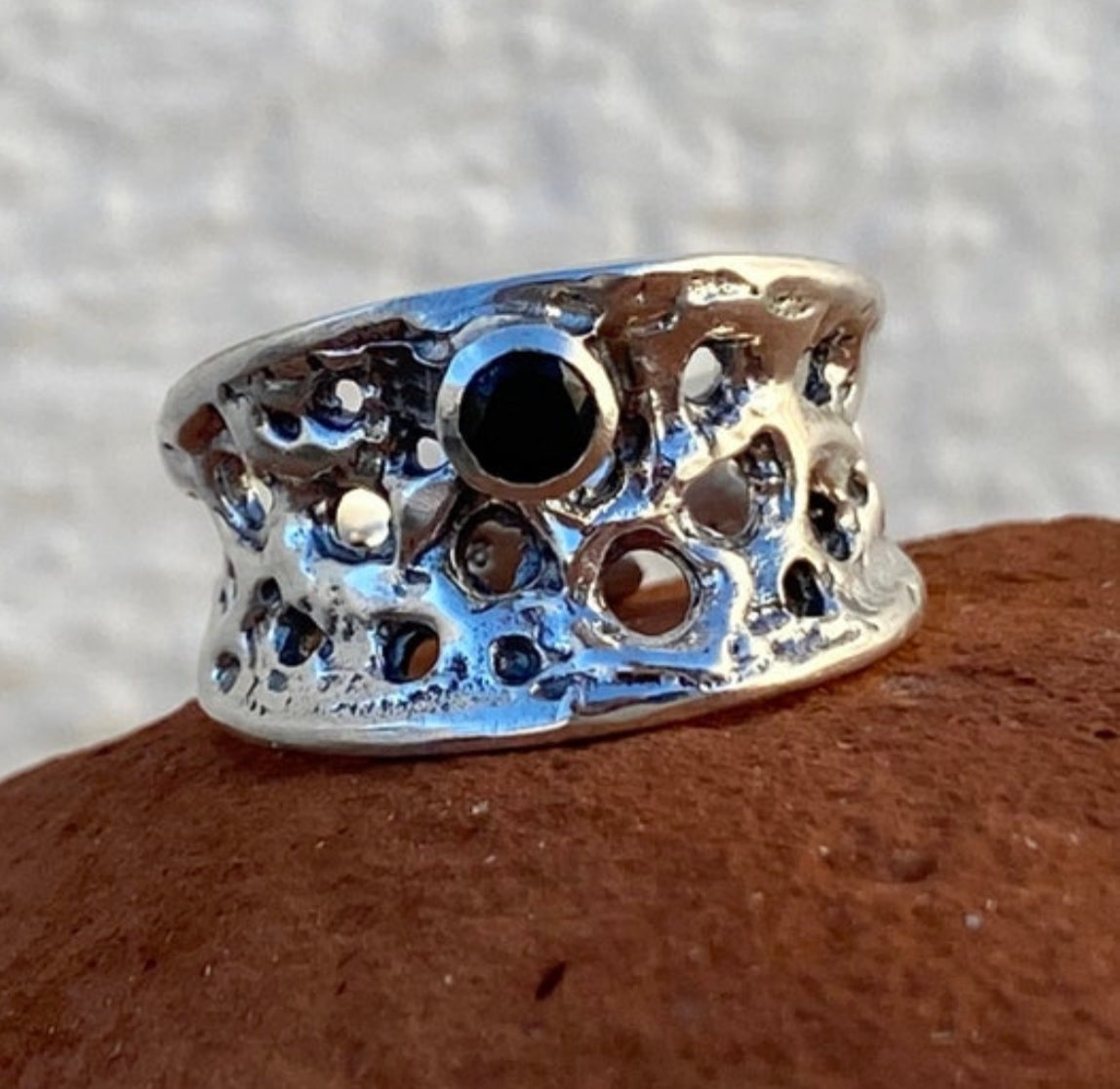 silver with black gemstone, handmade silver ring