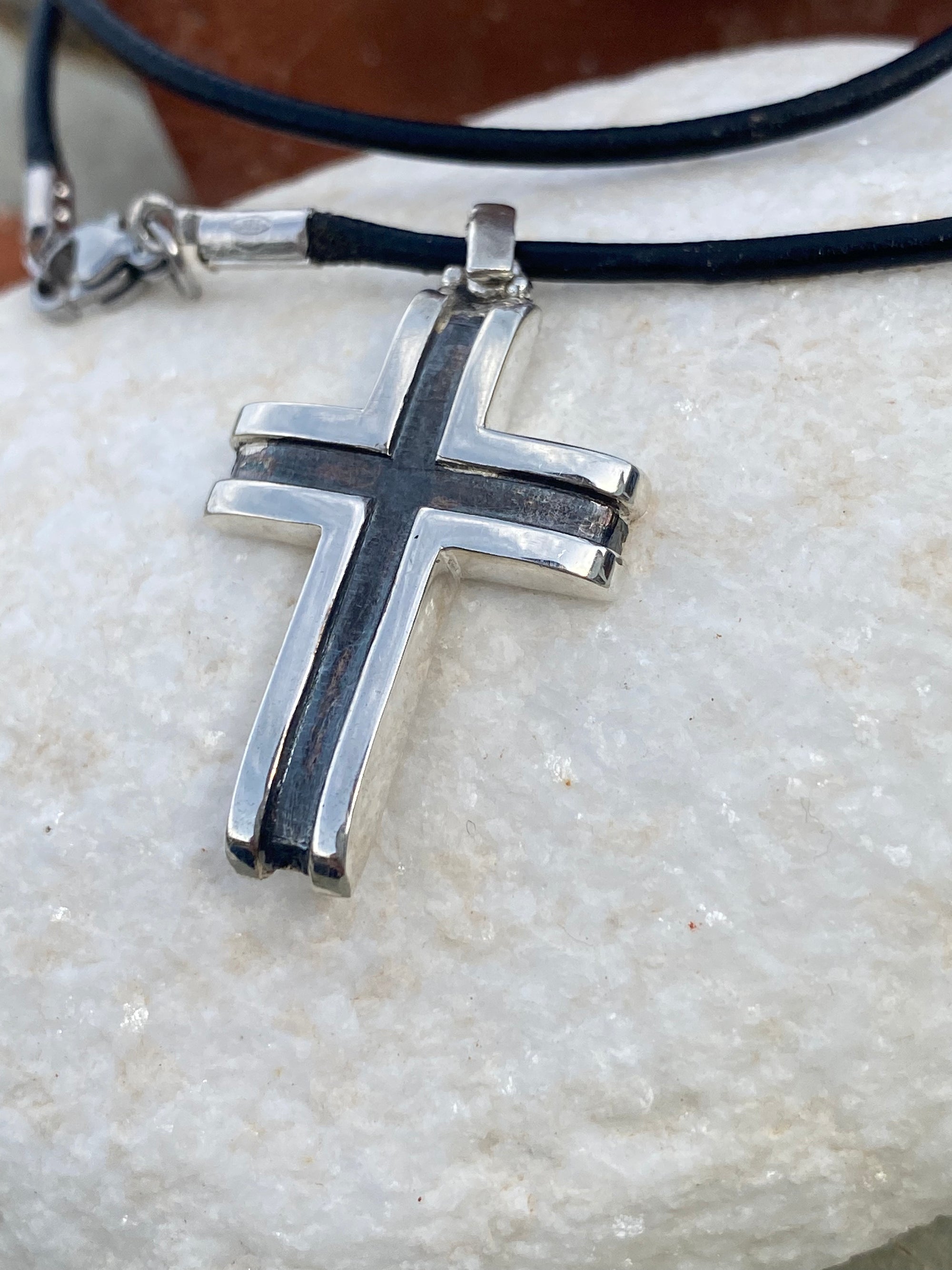 black and silver cross with leather cord, mens silver cross