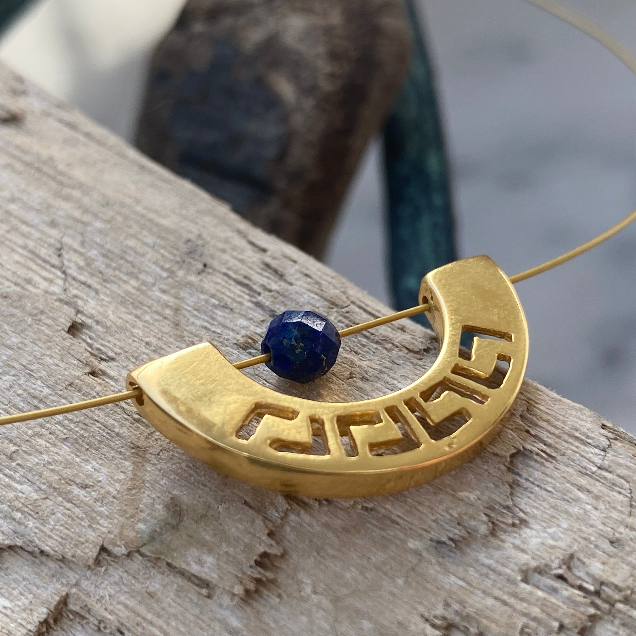 greek key choker necklace gold with a blue lapis Eleni Pantagis