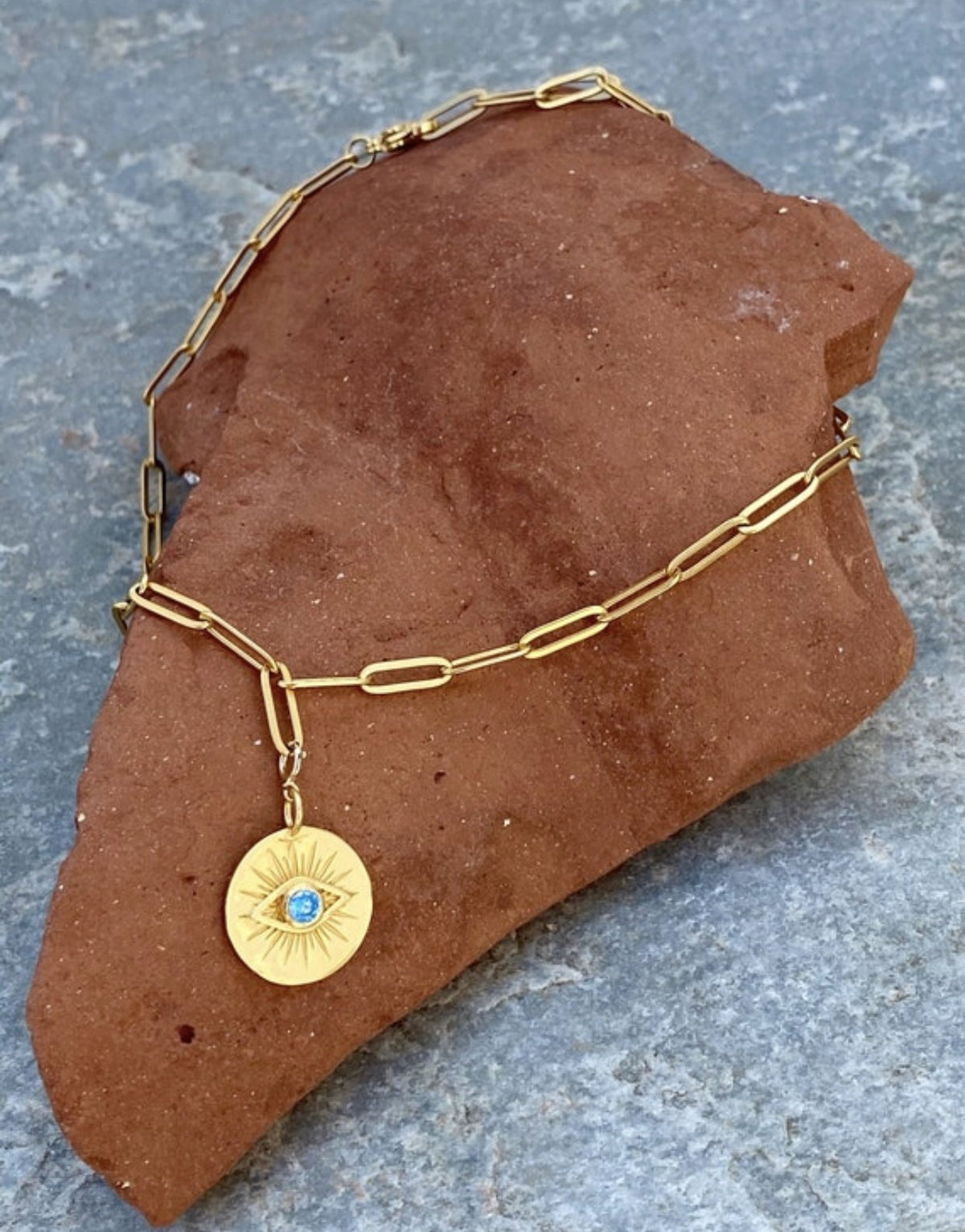 Evil eye necklace gold with stainless steel paperclip chain