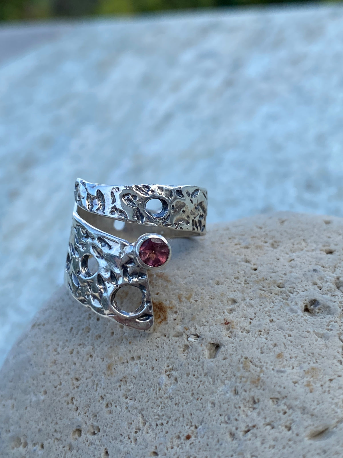 wide silver ring adjustable pink tourmaline