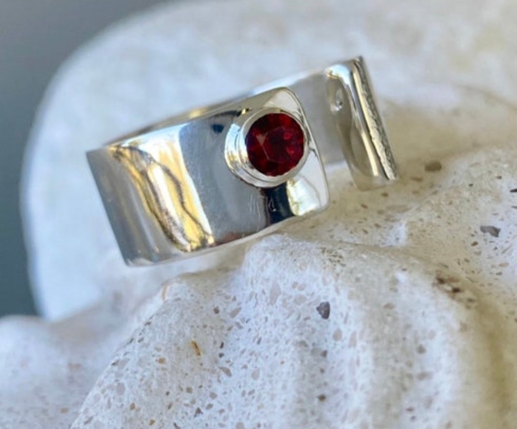 red garnet ring silver, red gemstone ring