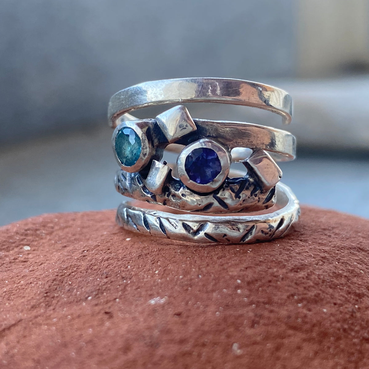 Silver spiral ring with blue gemstones, silver spring ring