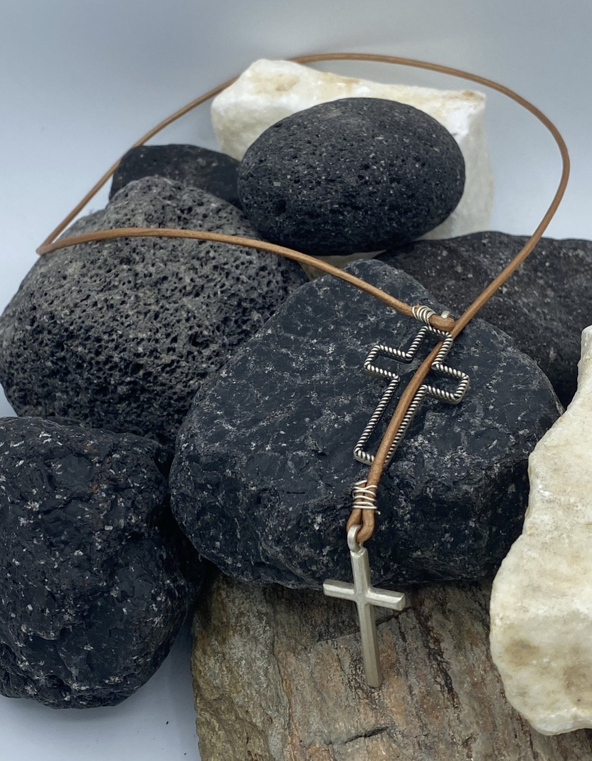 Lariat Silver cross necklace, 2 large silver crosses with brown leather cord