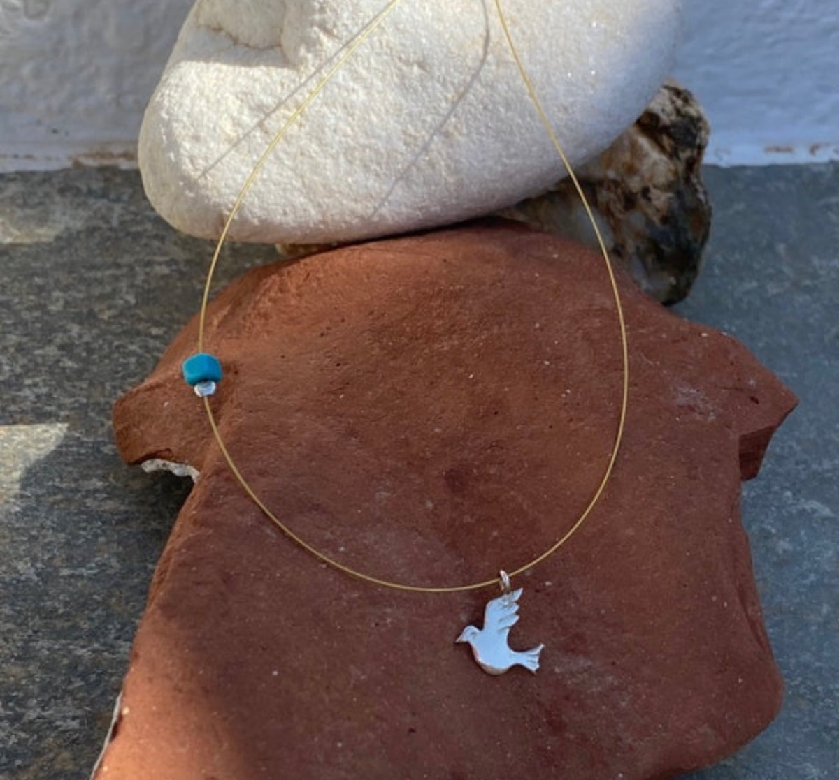 dove necklace silver wire chain, silver bird necklace