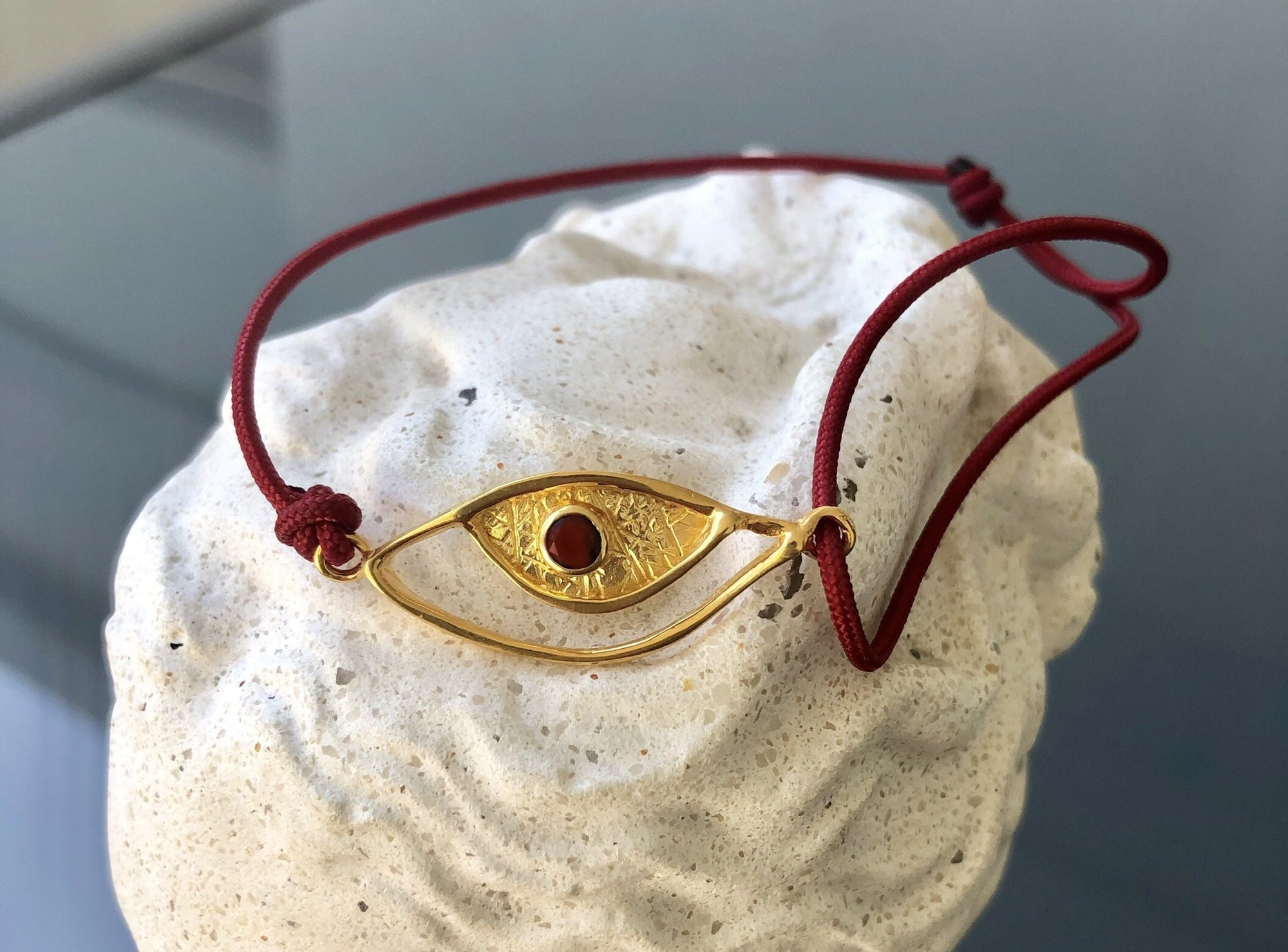 Evil eye bracelet red gold, garnet evil eye bracelet with red nylon cord 