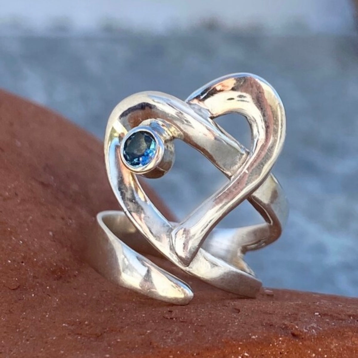 Heart ring silver adjustable with blue gemstone