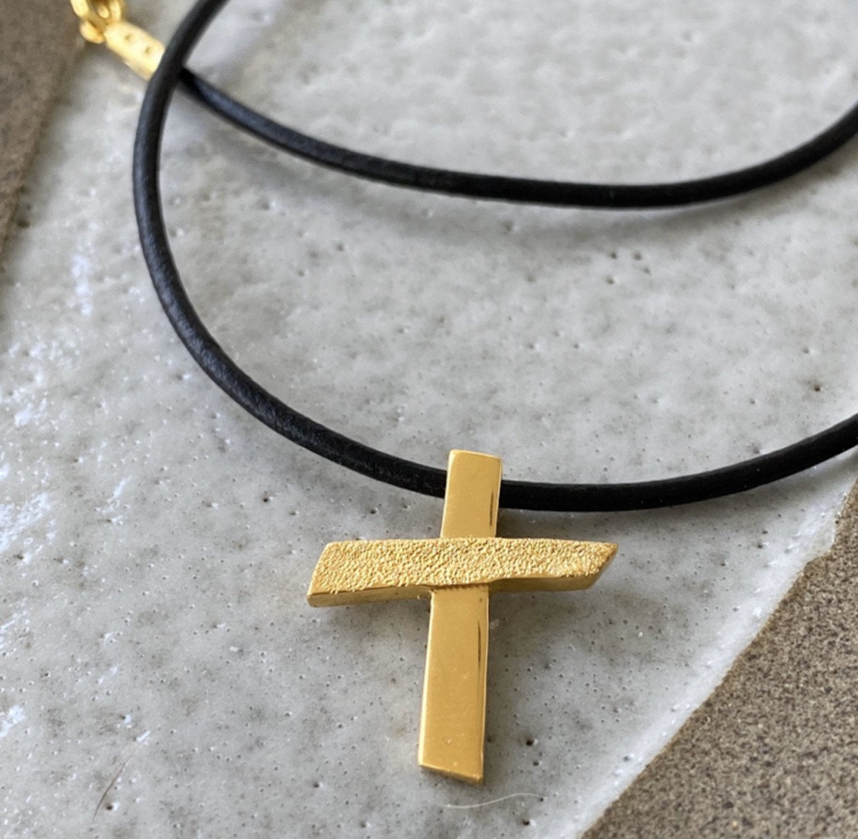 gold cross, abstract cross modern cross with leather cord