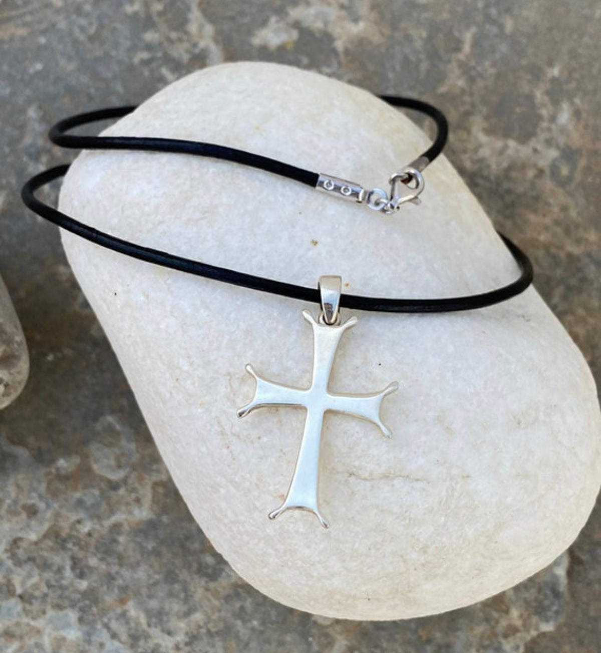 byzantine silver cross with black leather necklace