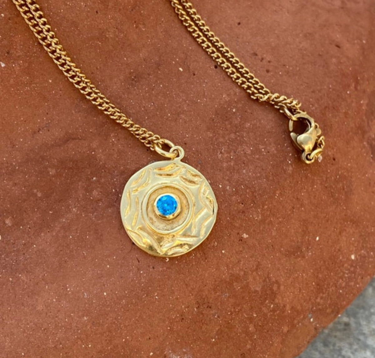Evil eye necklace gold coin with blue gemstone