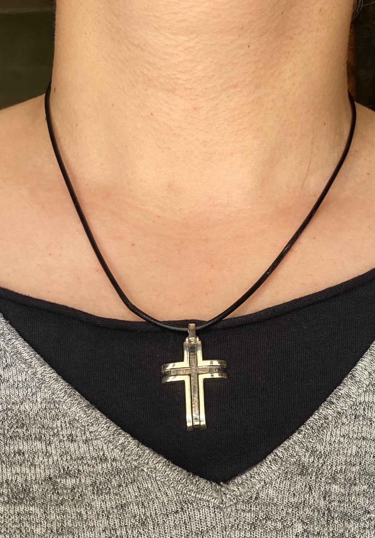 Men's silver cross leather cord, oxidized silver cross pendant