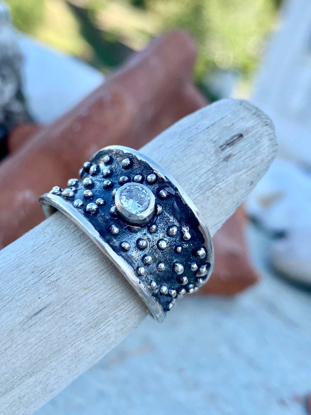 starry night black and silver ring with zircon
