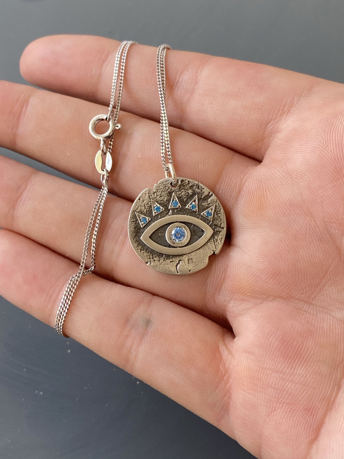 Evil eye necklace coin, evil eye with blue gemstones 