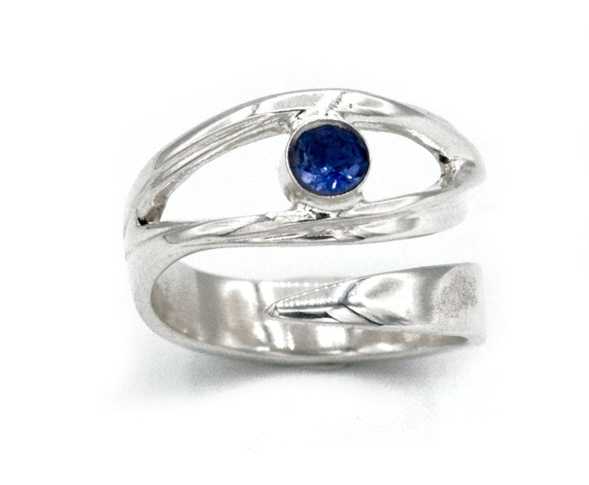 evil eye ring with iolite gemstone adjustable silver ring
