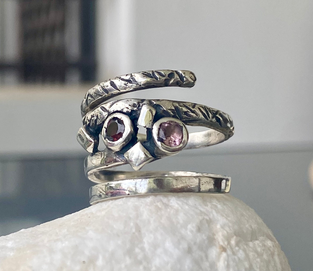 Silver spiral ring adjustable red garnet and pink tourmaline