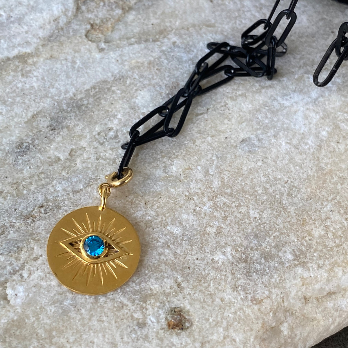 evil eye coin necklace with paperclip chain