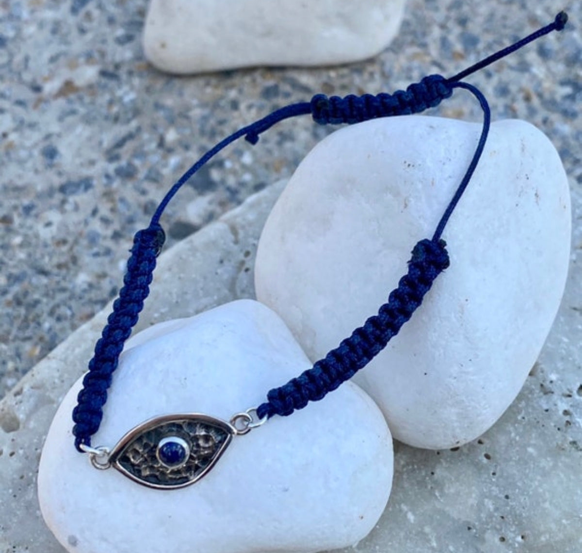 Evil eye bracelet with blue stone blue macrame