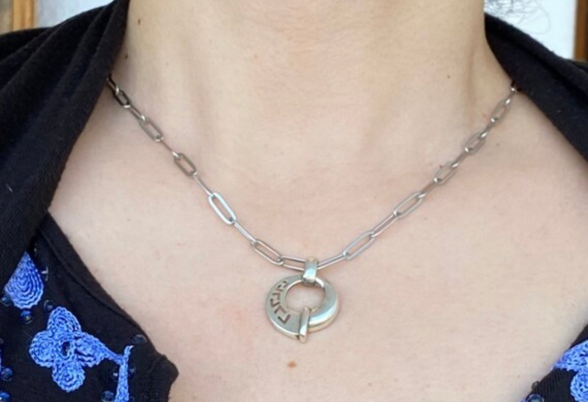 Greek key necklace circle shape with a stainless steel paperclip chain