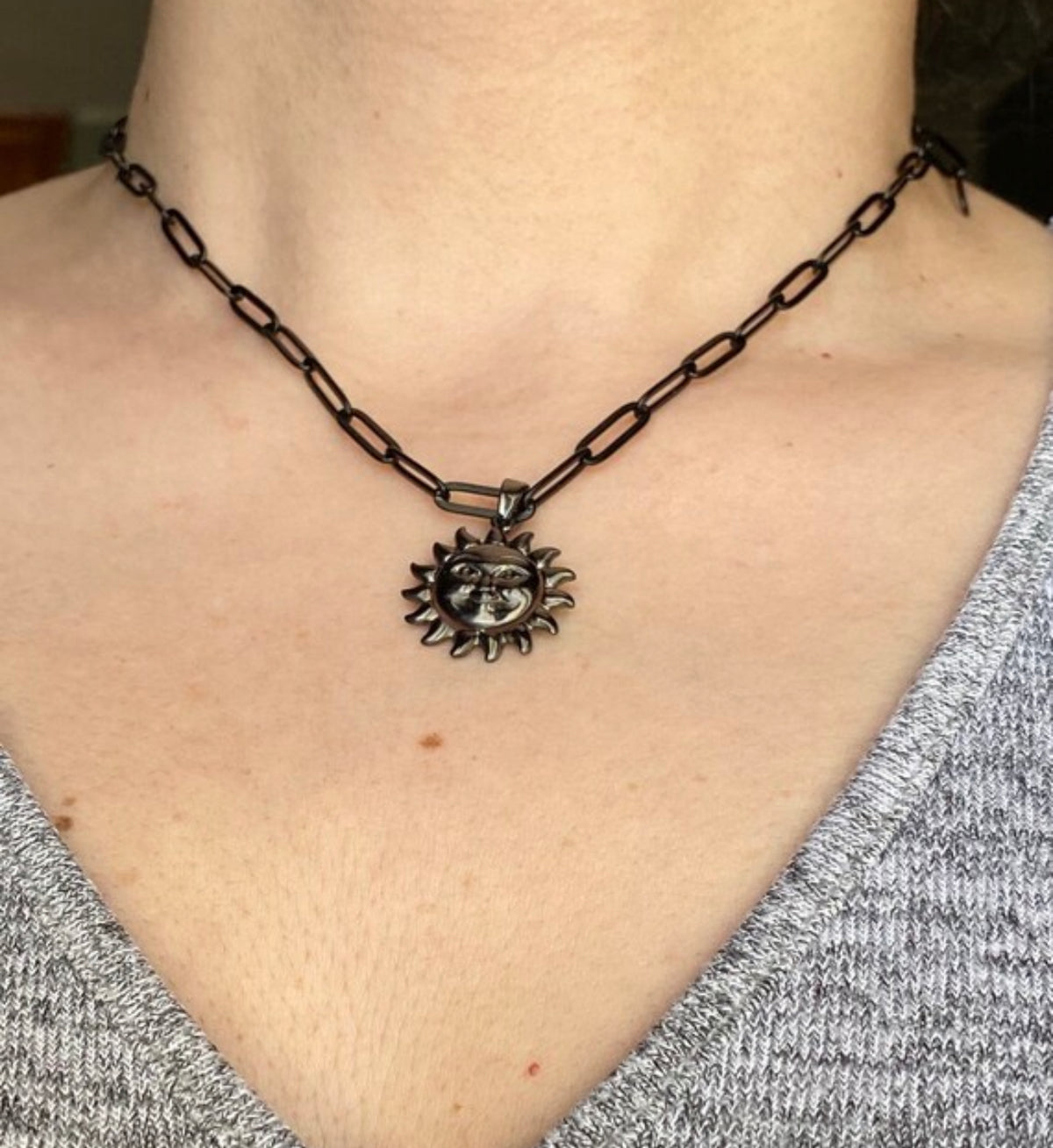black sun necklace silver smiling sun with paperclip chain