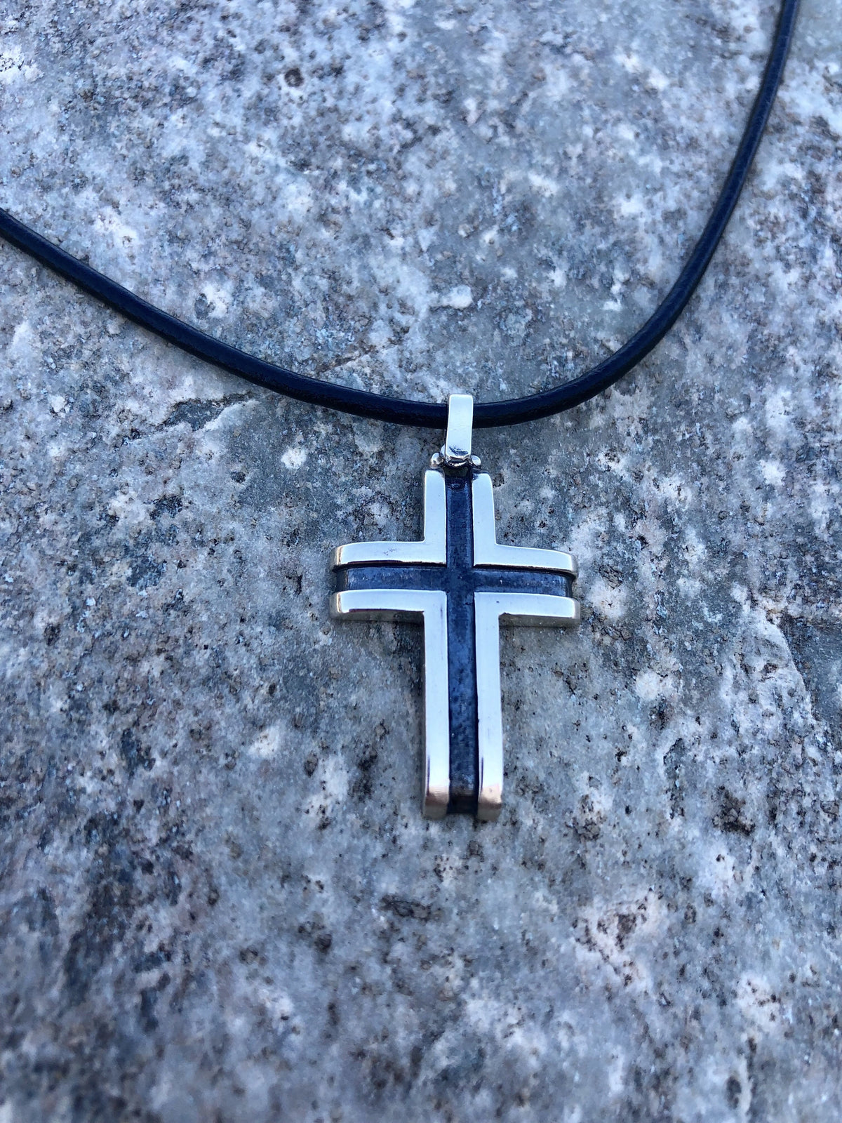 Men’s cross necklace, leather cord, black silver cross pendant 