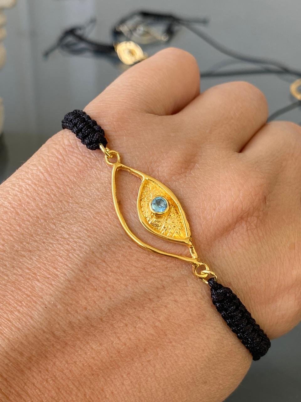 Evil eye bracelet gold blue topaz gemstone- macrame bracelet