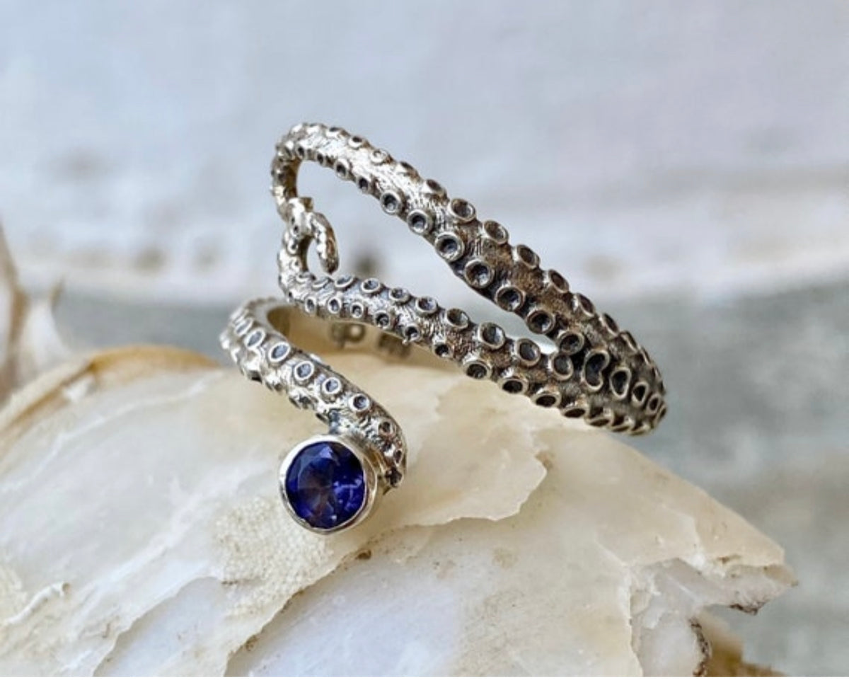 octopus ring iolite gemstone tentacle silver ring